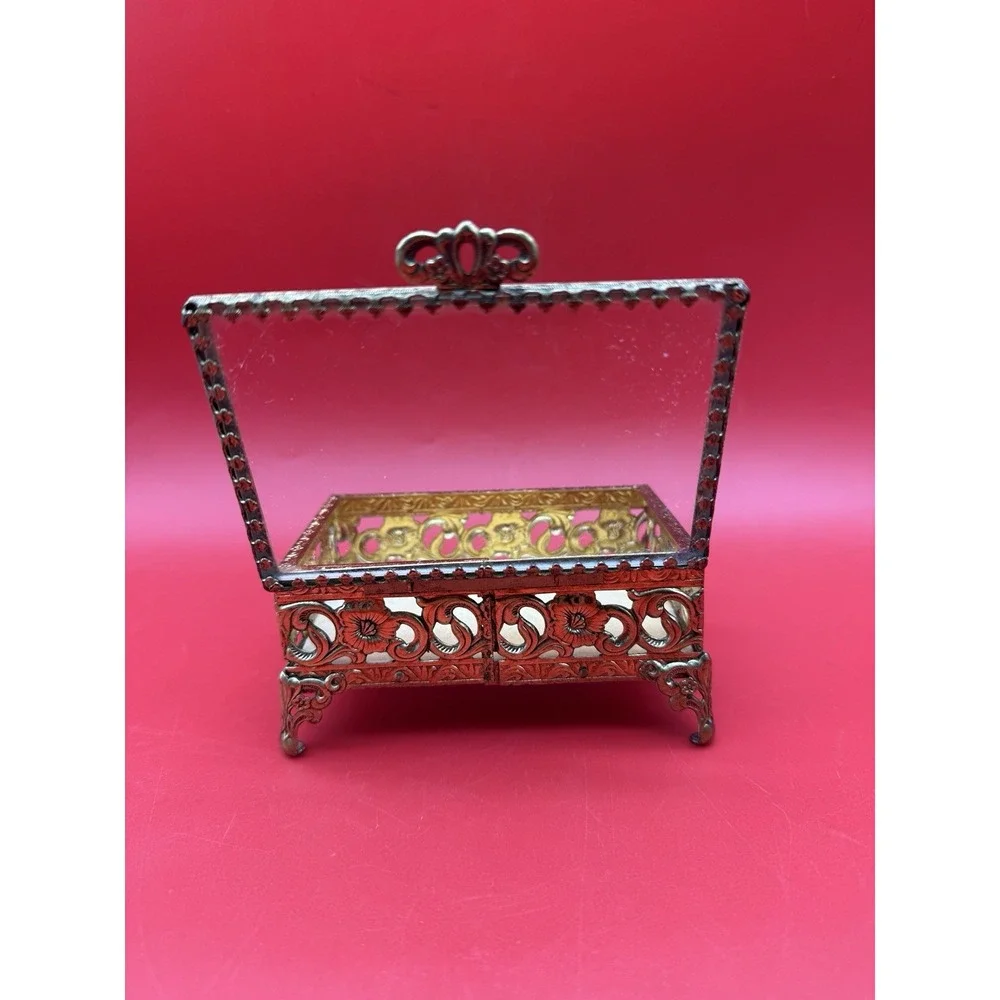 Vintage Floral Filigree Ormolu With Glass Top Jewelry Casket Box Velvet